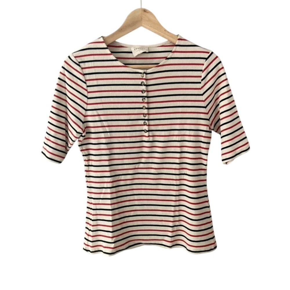 Sezane Theodora Striped Ribbed Henley T-Shirt Cream Black Red XXL